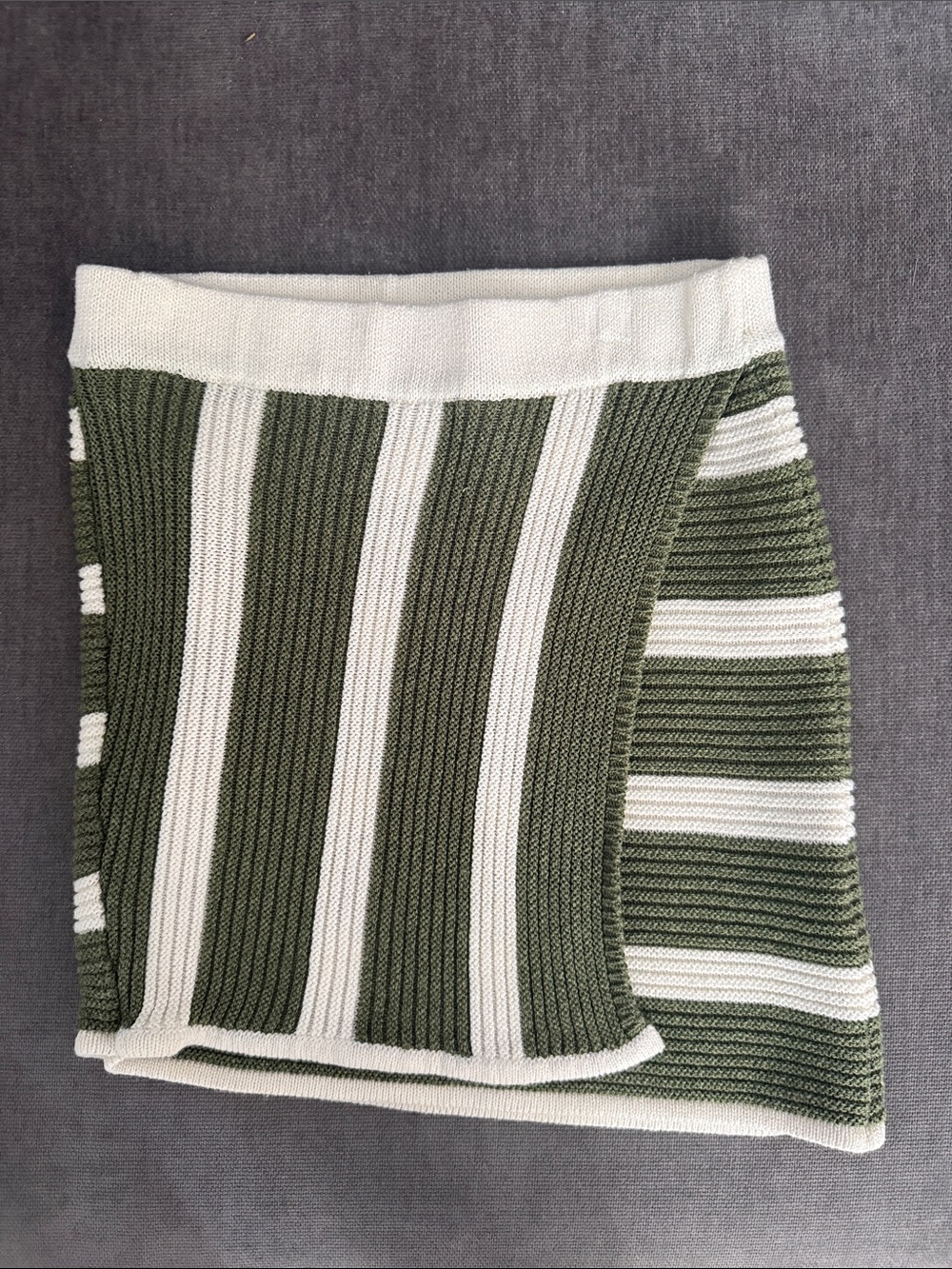 L'Academie Olive and White Striped Knit Mini Skirt